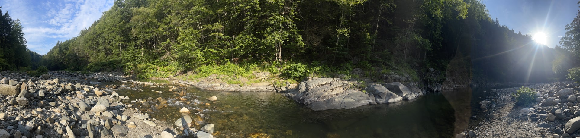 Rock River swimming hole in Newfane Vermont — wide view of forest, trail, and river recreation in Windham County near Brattleboro