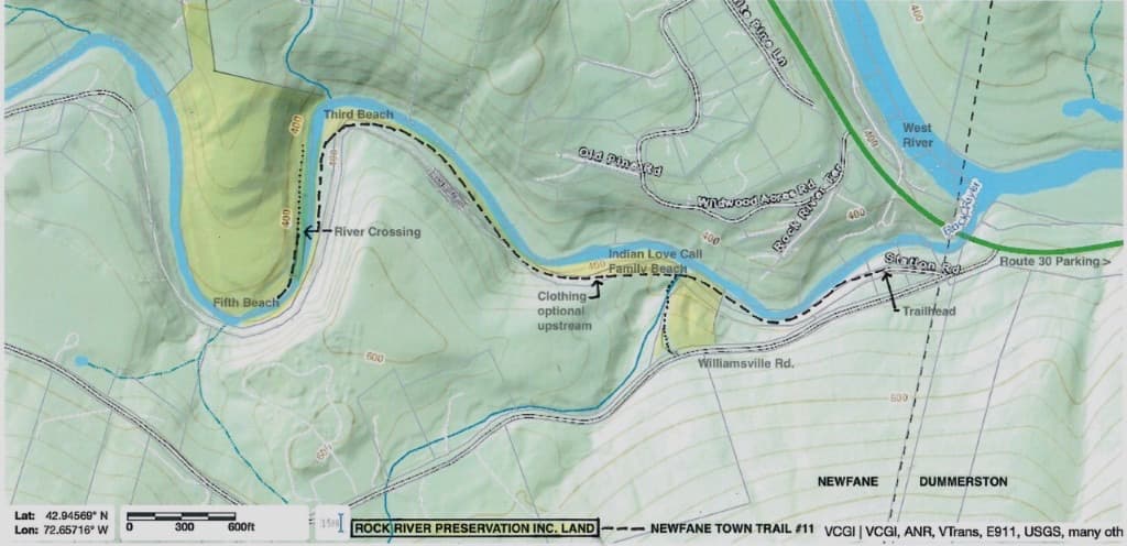 Rock River VT map showing Route 30 parking near Depot Road and the trail toward the swimming holes